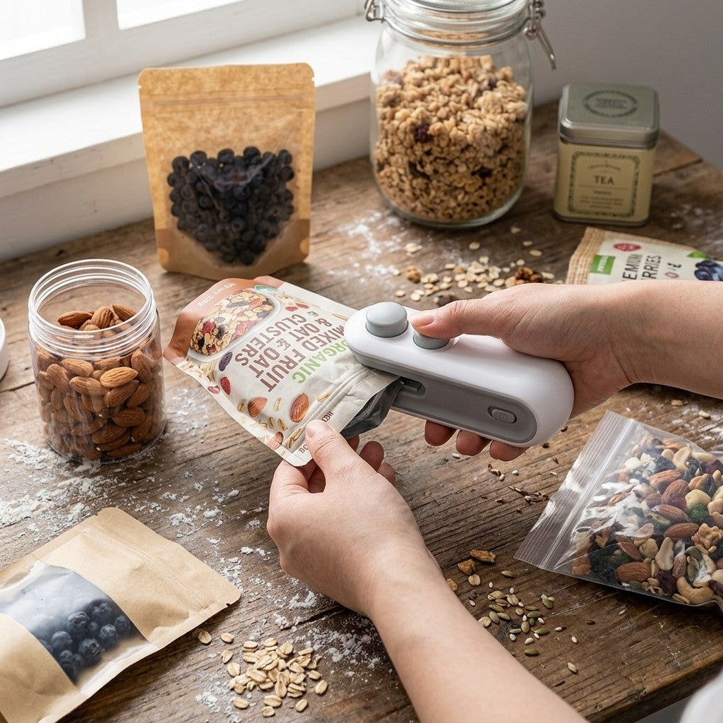 Rechargeable Mini Bag Sealer, 2-In-1 Heat Sealer Cutter for Food Storage