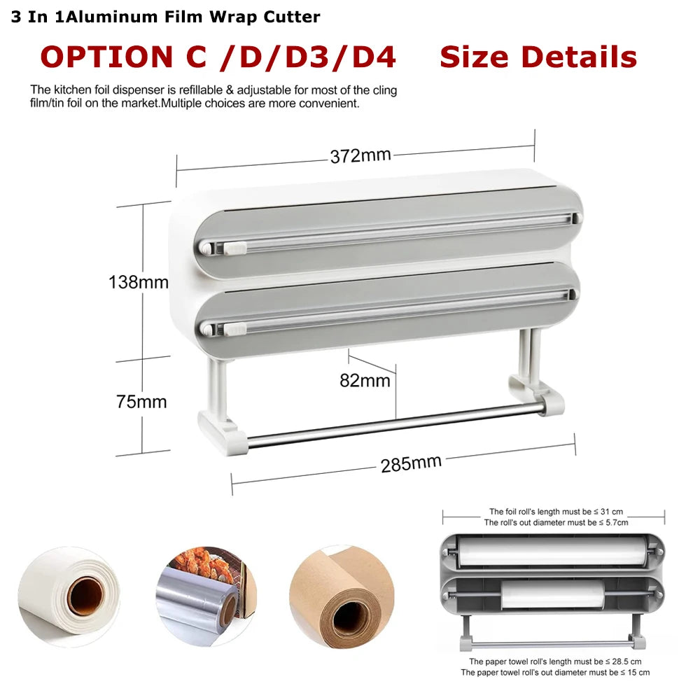 3 in 1/Only 1 Functional Aluminum Film Wrap Cutter Wallmount Paper Towel Holder Cling Film Cutting Holder Plastic Wrap Dispenser